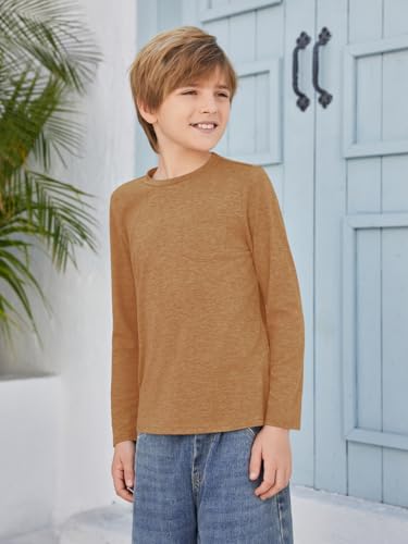 Image of Boys Long Sleeve Shirt Crewneck Solid Color Casual Top with Chest Pocket for Kids 5-14 Years