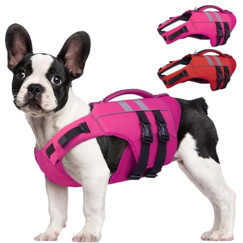 Kuoser Medium Dog Life Jacket, High Flotation Dog Life Vest for Swimming Boating, Reflective Dog Swimming Vest for Medium Dogs Pet Life Preserver with Rescue Handle, Rose M M (Chest Girth:20