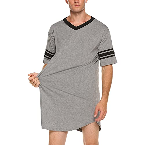 Beixinder Men's Nightshirt Nightwear Comfy Big&Tall Short Sleeve V Neck Cotton Henley Summer Pajamas Loose Sleep Shirt (Grey, Xxl) #TOP6