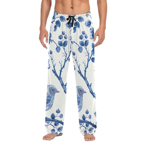 Men's Pajama Pants Blue White Porcelain Bird Pattern Sleep Pajama Lounge Pant with Pockets, Elastic Waistband