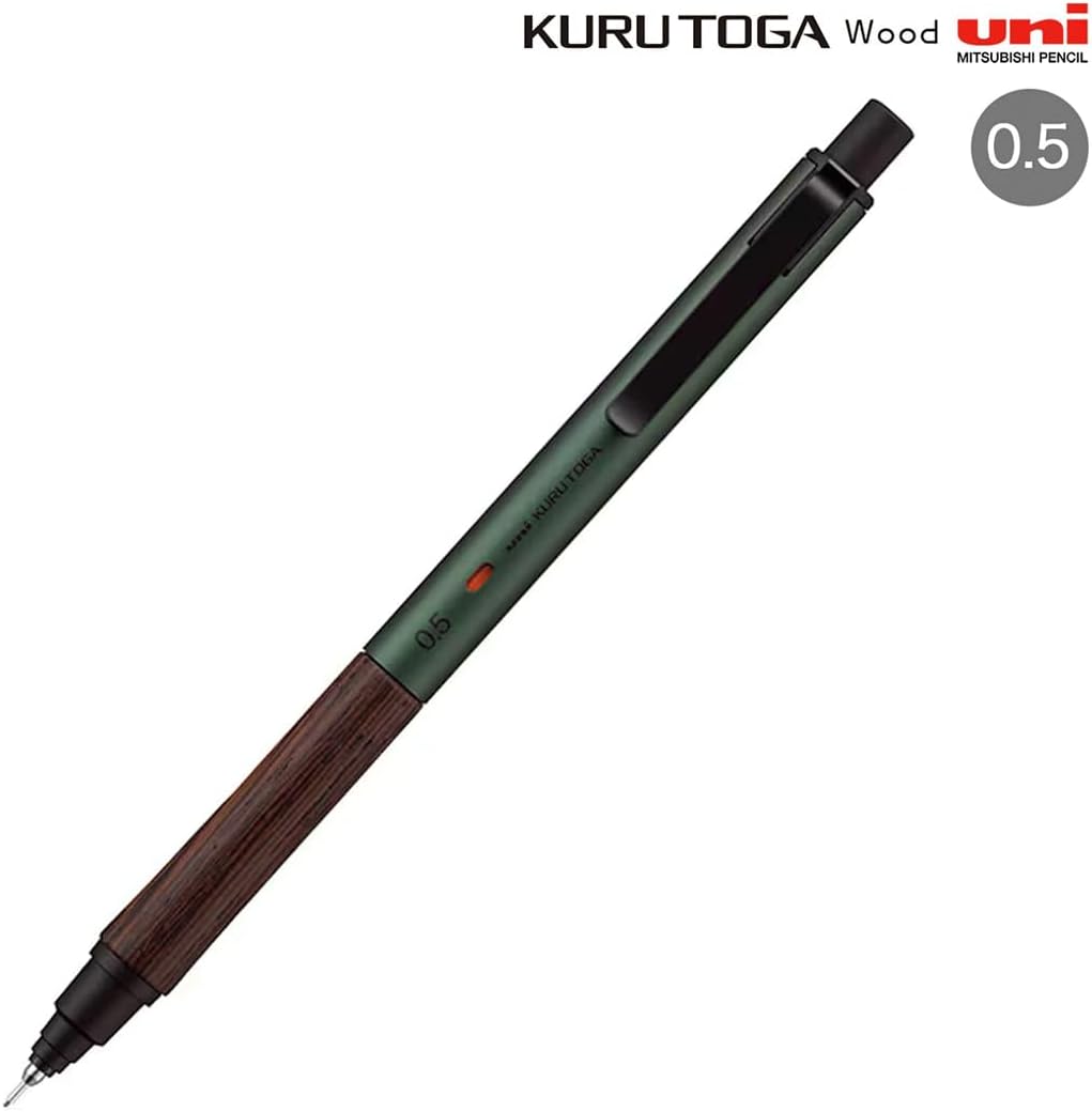 Uni Kuru Toga Wood, 0.5mm Mechanical Pencil, Auto Lead Rotation, Wooden Grip and Metal Body, Forest Green (M5KW1P.88)