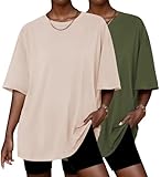 Ekouaer 2 Pack Womens Pajama Tops Short Sleeve Oversized T Shirts Summer Spring Tops 2025 Basic Casual Tee Top Army Green/Beige M