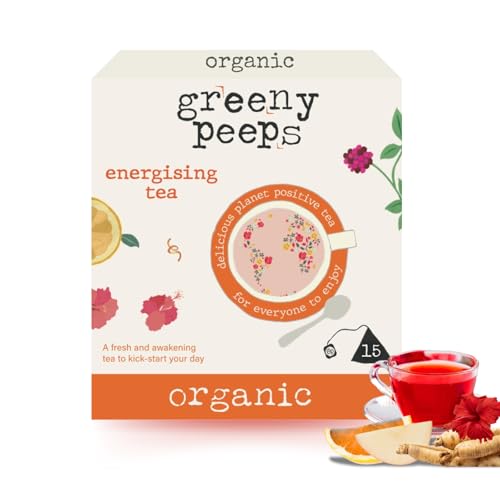Greenypeeps Organic Energizing Tea Bags - Invigorating Ginseng, Hibiscus, Apple, Linden Flower, Orange Peel & Rosehip Tea - Fairtrade - Aromatic & Refreshing Hot or Cold Herbal Energy Tea - 15 Count Greenypeeps Organic Energizing Tea Bags - Invigorating Ginseng, Hibiscus, Apple, Linden Flower, Orange Peel & Rosehip Tea - Fairtrade - Aromatic & Refreshing Hot or Cold Herbal Energy Tea - 15 Count