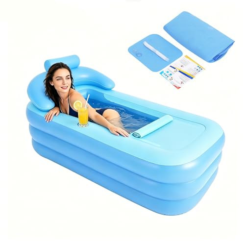 Aufblasbare Badewanne 160x84x64cm Faltbare Mobile Freistehend Badewanne Erwachsene Max. 100kg 1 85m PVC Trocknende Badewanne Aufblasbar für Dusche Erwachsene und Hotels Gärten Badezimmern - Blau