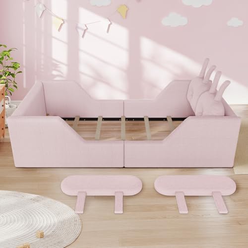 Image of Twin Size Kids Bed with Rabbit Cushions, Upholstered Boucle Fabric Platform Floor Twin Daybed with Removable Side Rail, Space-Saving Wooden Corner Sofa Couch Bed Frame for Girls, Boys, Teenager(Pink)