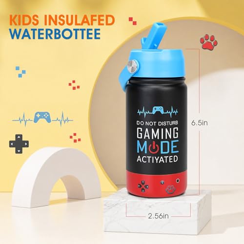 Image of Kids Insulated Water Bottle with Straw Lid, 14oz Double Wall Vacuum Stainless Steel Tumbler, Leak Proof Reusable Metal School Cup for Boys Girls, Keep Cold 24H Hot 12H (Blue-Red-A)