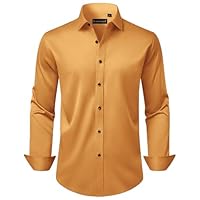 Lusead Camisa social masculina de manga comprida, elástica, sem rugas, para casamento, formal, negócios, com botões, Dourado, G