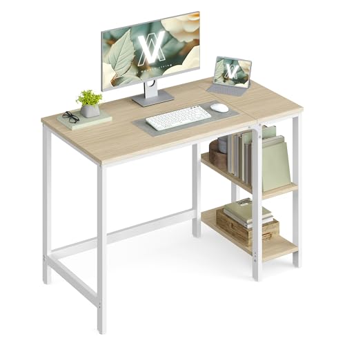 VASAGLE Scrivania per Computer, Scrittoio, 100 x 50 x 76 cm, Moderno, Tavolo da Lavoro, per Ufficio Camera da Letto Soggiorno, Beige Naturale e Bianco Perla LWD046L01