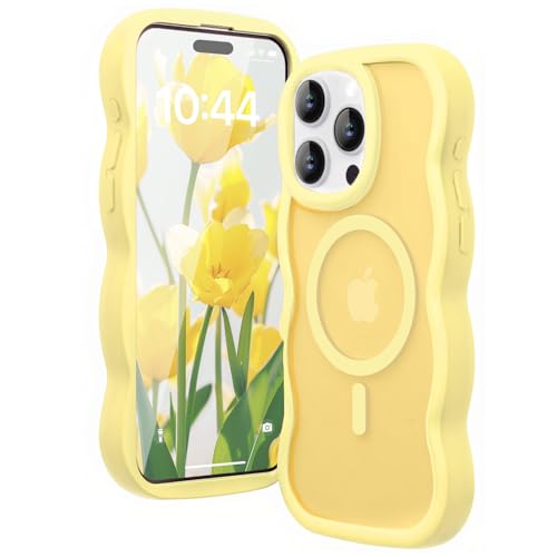 Amzfield Magnetic for iPhone 16 Pro Case, Compatible with Magsafe Wavy Frame Cute Translucent Matte Hard Back Silicone Bumper Shockproof Phone Case for iPhone 16 Pro Women Girls, Yellow
