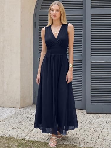 Image of ANRABESS Women's Floral Tulle Wedding Guest Maxi Dress | V Neck Sleeveless,A-Line Elastic Waist,Casual Flowy Formal Boho,Bridal Shower Garden Party Beach Vacation,Summer Fall