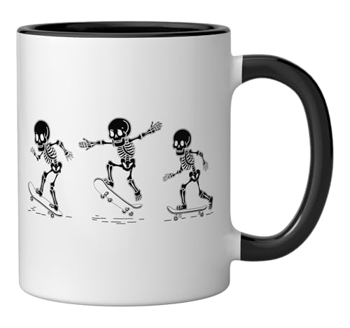 Taza de Cerámica Esqueleto en Skateboard Negro y Blanco miniatura 2