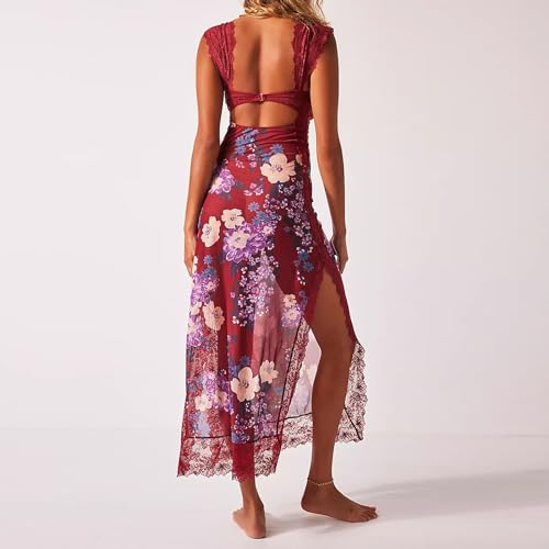 Image of Women Sexy Lace Patchwork Mesh Dress Floral Print Cutout Sweetheart Neck Backless Slit Summer Maxi Dress