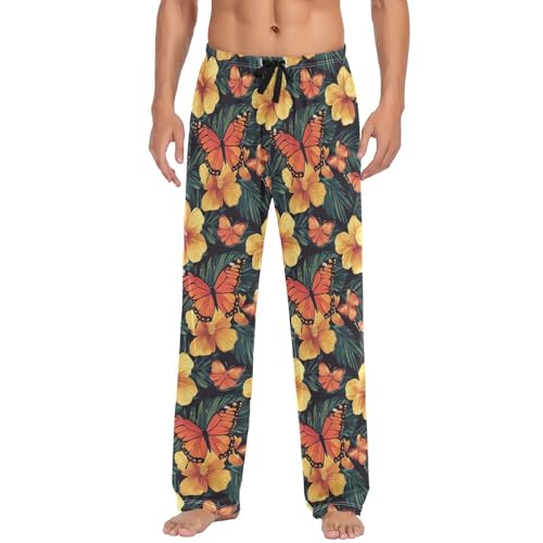 ALAZA Tropical Floral Leaves Butterfly Men’s Pajama Pants Soft Long Sleep Pants Lounge Pajama Bottoms with Pockets