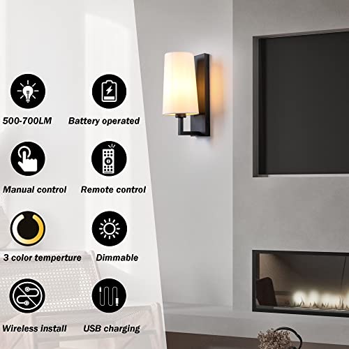 Modern Battery Operated Wall Sconce Set Of Two White Fabric Shade Wall Sconce Not Hardwired Indoor Dimmable Battery Powered Wall Light With Remote Control For Bedroom Living Room, Bulb Included #TOP1