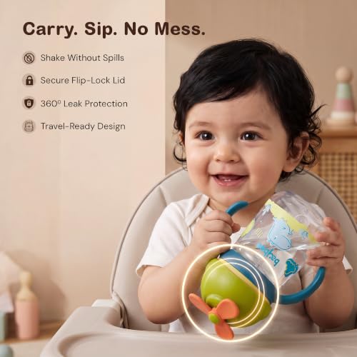 Image of Baybee Daffodil 330 ml Baby Sipper Bottle For Kids, Anti Spill Sipper Cup With Soft Silicone Straw with Handle & Rotating Fan | Sippy Cup with BPA Free & Non Toxic for Baby Toddlers 6 months+ (Yellow)