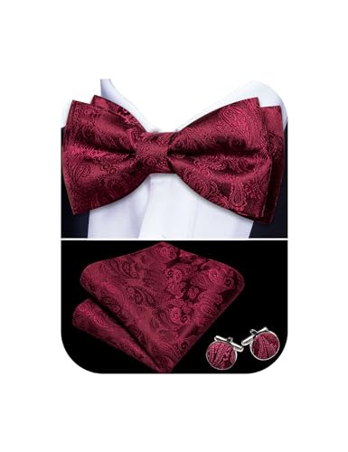 Image of Barry.Wang Paisley Striped Bow Tie for Men Silk Pre-Tied Bowtie Pocket Square Cufflinks Set Formal Wedding Party Prom