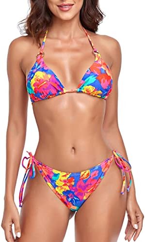 RELLECIGA Women's Colorful Floral Brazilian Bikinis Halter String Triangle Top with Cheeky Bikini Bottom Size XX-Large