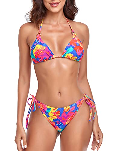 Relleciga Women's Colorful Floral Brazilian Bikinis Halter String Triangle Top With Cheeky Bikini Bottom Size Xx-Large #TOP9