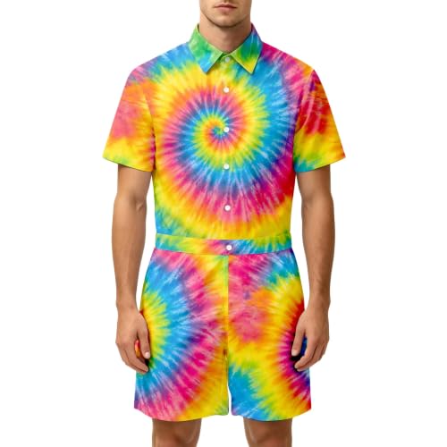 ZORAVINE Rainbow Tie Dye Romper for Men, One-Piece Jumpsuit, L