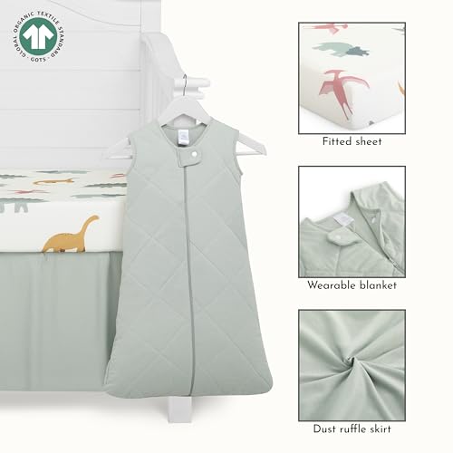 Image of Evolur Rawrsome 3 Piece Crib Bedding Set, Machine Washable, Soft and Breathable Toddler Bedding Set, Includes Fitted Sheet, Wearable Blanket and Crib Skirt