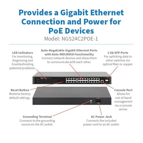 Image of Eaton Tripp Lite Series 24-Port Gigabit Managed PoE+ Switch with 2 SFP Ports, Easy Smart Web‑Managed Layer 2 Ethernet Splitter, 370W, 1 Gbps, 1U Rack Mount or Desktop, 3‑Year Warranty (NGS24C2POE-1)