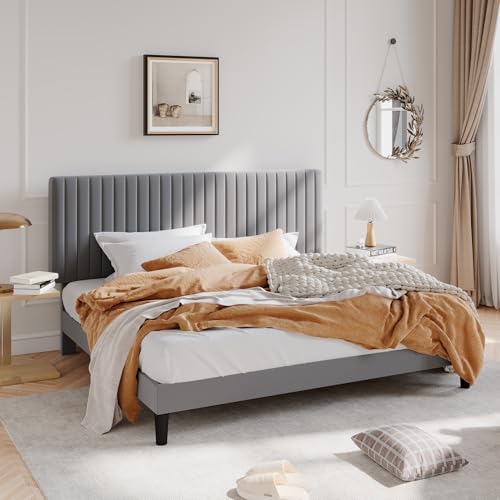 Image of SHA CERLIN King Upholstered Platform Bed Frame with Vertical Channel Tufted Velvet Fabric Adjustable Headboard, Wooden Slats Support, Mattress Foundation, Box Spring Optional, Grey