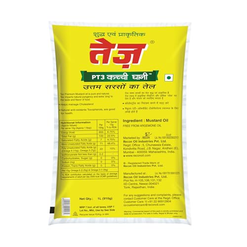 Image of Tez Mustard Oil for Cooking 1L Pouch | PT3 Kachchi Ghani Sarson Ka Tel | 100% Pure & Natural Oil | Promotes Gut Health with Antibacterial & Antifungal Benefits | Supports Good Health