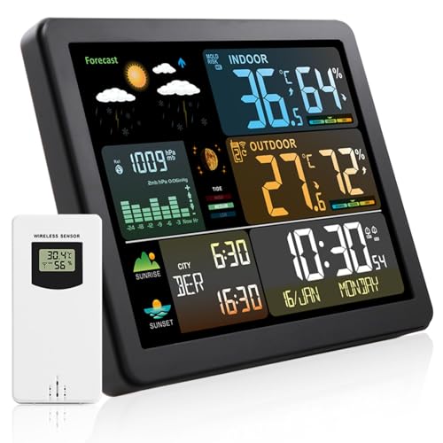 Digital Wireless Weather Station with Indoor Outdoor Sensors, Large LCD Screen, Temperature & Humidity Display, Weather Prediction, Barometer, Moon Phase, Multi-Function Alarm Clock for Home, Farm