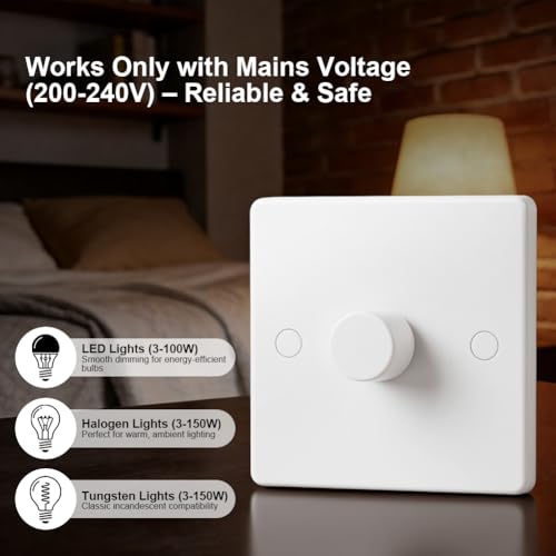 AXFEE LED Dimmer Switch, 1 Gang 220V Trailing Edge Inline Dimmer Light Switches Rotary ON/OFF, Suitable for Home 5-200W Dimmable LED, Halogen Bulbs, Ceiling, Incandescent Lights(White) - Image 5
