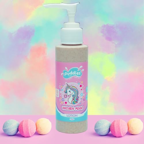 Puddles Organic Soothing Lotion (100 ml) | Unicorn Magic – Age 2-12 Years | Cosmos Organic Certified | Almond Oil, Kokum Butter, Natural Fruit Extracts | Happy Skincare, Softens Dry Skin