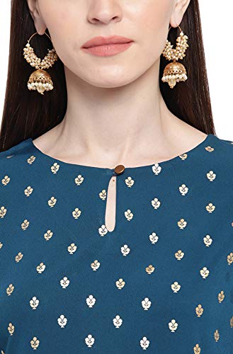 Image of Janasya Women's Teal Poly Crepe Gold Print Straight Kurta