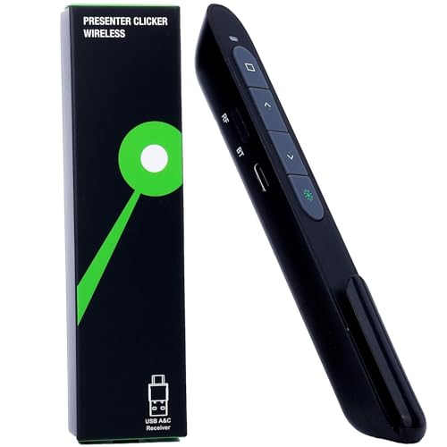 Image of Wireless Presenter Remote with Green Light, Rechargeable PowerPoint Clicker for Mac Windows PC, 2.4GHz USB & Bluetooth, 656ft Range