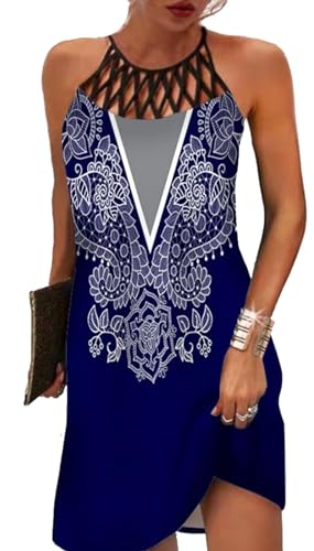 Image of BIRW Size M Retro Print Blue Summer Dresses for Women 2024 Casual Floral Hollow Out Halter Neck A-line Cold Shoulder Sundresses for Beach Vacation Holiday