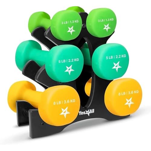 Yes4All Neoprene Coated Dumbbell Hand Weight Sets – Multiple Weight Options with Rack, Anti-roll, Anti-Slip, Hexagon Shape
