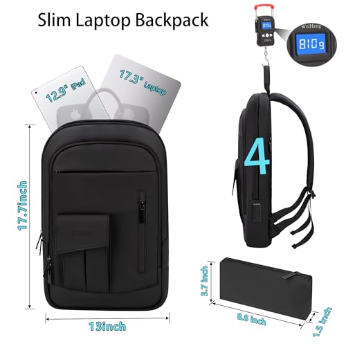 Business Backpack for Men Slim Lightweight Laptop Backpack for 17.3 Inch Computer Water Resistant Small Office Backpack for Commute Travel Daily Office Work with Small Bag (Black, 17.3") - Image 2