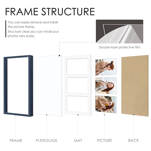 Image of DUENPY 8x16 Collage Picture Frame 5x7 Collage Picture Frame Displays Three 5x7 inch Photos or 8x16 (Without Mat) for Available Horizontal Wall Mounting Display and Vertical Navy Blue