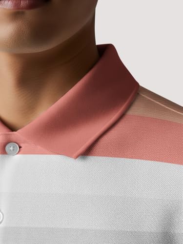 Image of BULLMER White Striped Printed Polo Neck Fullsleeve Tshirt with Rib for Men.