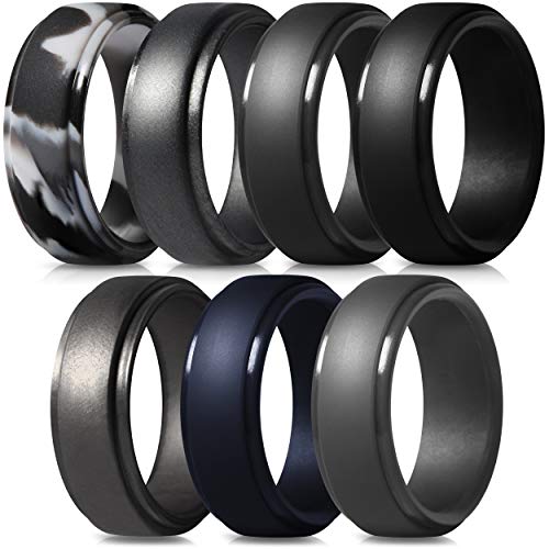 ThunderFit Men's Silicone Ring, Step Edge Rubber Wedding Band, 10mm Wide, 2.5mm Thick (Dark Grey, Very Dark Grey, Black, Dark Grey Camo, Dark Silver, Platinum, Navy Blue, 8.5-9 (18.9mm))