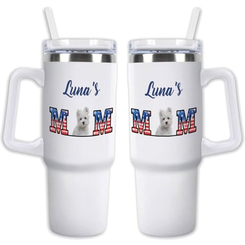 GABSHAIM Dog Mom Tumbler Personalized Stars And Stripes Office Cup For Maltese Dog Mother 40oz Stainless Steel Travel Coffee Mug with Handle Lid & Straw For Women