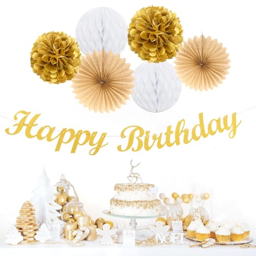Image of White-Gold Champagne Birthday Party-Decorations Paper-Flowers - 14pcs Happy Banner Engagement Honeycomb Tissue Pom Poms,Women Streamers Garland Beige Fans,21st 18th Girl Hanging Supplies Decor Hugfond