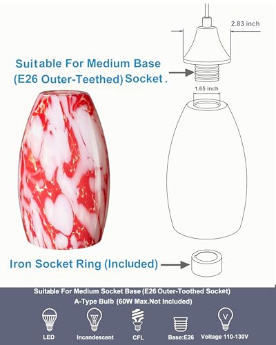 Image of Oval Glass Pendant Lamp Shade Only Art Glass Light Covers for Kitchen Island Pendant Light Fixtures Replacement Shade for Mini Pendant Light (red cloud)