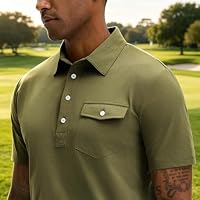 JEMLDL Short Sleeve Polo Shirts for Men Summer Quick Dry Stretch Slim Fit Golf Shirt with Pocket 4 Button Placket Olive XL — image 2