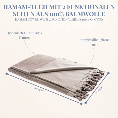 Carenesse 2 in 1 Hamamtuch 90 x 190 cm anthrazit I Zweiseitiges Hamam Handtuch 100% Baumwolle: Glatt & Frottier I Pestemal/Fouta saugfähig & hygienisch I Hamam Strandtuch/Saunahandtuch kompakt