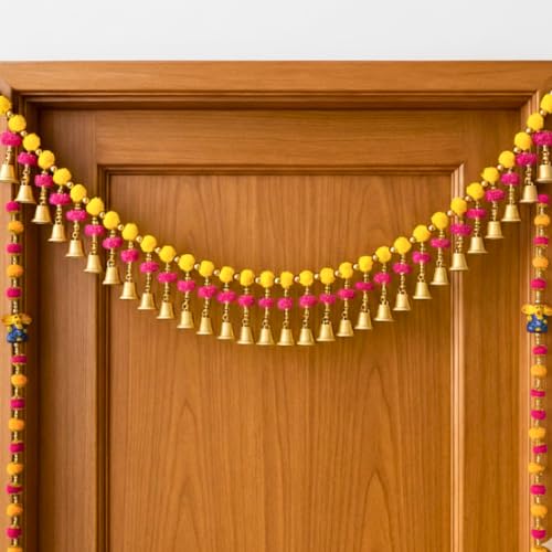 Image of Handmade Multicolor Pom Pom Bandhanwar Set for Main Door with Ganesha Door Hangings | Bright Traditional Toran with Bells for Mandir, Pooja Room, Diwali, Wedding & New Home Decor (39 Inch)