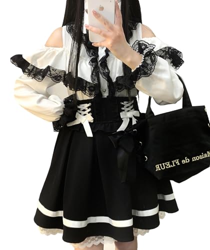 [ＸＨＳＵＫＡＤＯ] かわいい オープンショルダー ブラウス 量産型 シャツ レディース 2層 レース フリル 取り外し可能 リボン パール 長袖 レディースブラウス おしゃれ 肩出し 地雷系 ファッション フレンチガーリー 学生 春 夏 秋 白 ホワイト（Amazon）