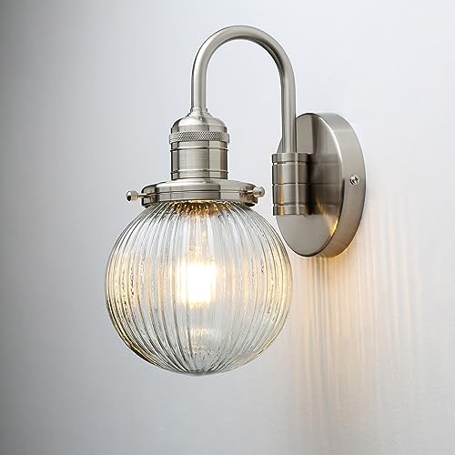 JIMUBEAM Applique industriale vintage a collo d'oca a 1 luce con paralume rotondo a coste in vetro trasparente globo, Lampada da parete interna per camera da letto Soggiorno Bagno Vanità