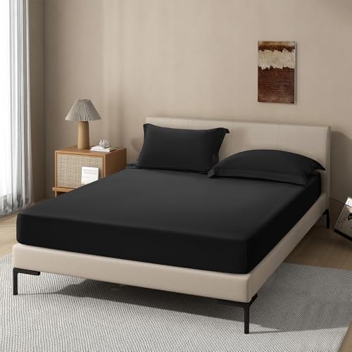 Image of Black Fitted Sheet,Full Size Fitted Sheet with Deep Pocket 18 inch,Ultra Soft & Breathable FittedSheet Easily Fits 18 inch to 24 inch Mattress