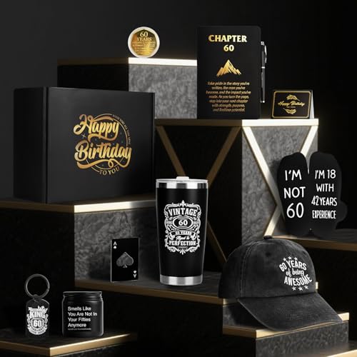 60th Birthday Gifts for Men - Unique Comprehensive Black & Gold Gift Box for Husband, Dad, Grandpa, Friends, Him