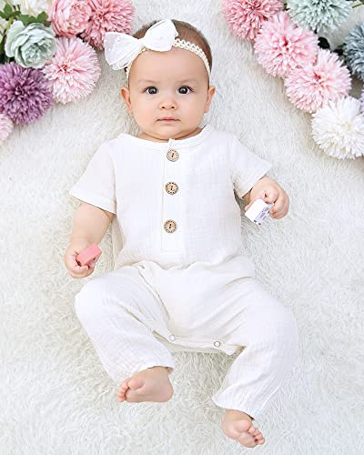 Saeaby Baby Girl Boy Clothes Newborn Outfit Summer Infant Romper Short Sleeve Linen Romper Footless One Piece Jumpsuit White #TOP2