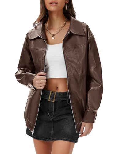 Womens Faux Leather Jacket Motorcycle Bomber Jacket Coats Fall Spring Clothes Oversized Zip Up Winter Coat Outerwear2